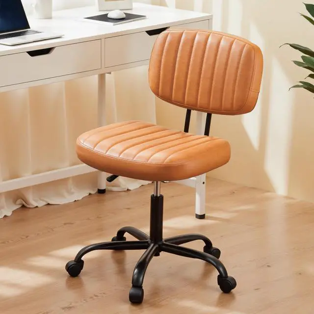Main image of Small Office Desk Chair with Wheels, Armless Desk Chair with Lumbar Support, PU Leather Low Back Adjustable Height 360° Rolling Swivel Task Chair Without Arm for Home, Bedroom,Office, Brown