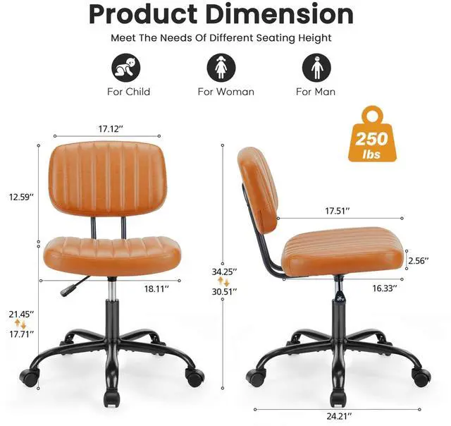 Alt view image 2 of 6 - Small Office Desk Chair with Wheels, Armless Desk Chair with Lumbar Support, PU Leather Low Back Adjustable Height 360° Rolling Swivel Task Chair Without Arm for Home, Bedroom,Office, Brown
