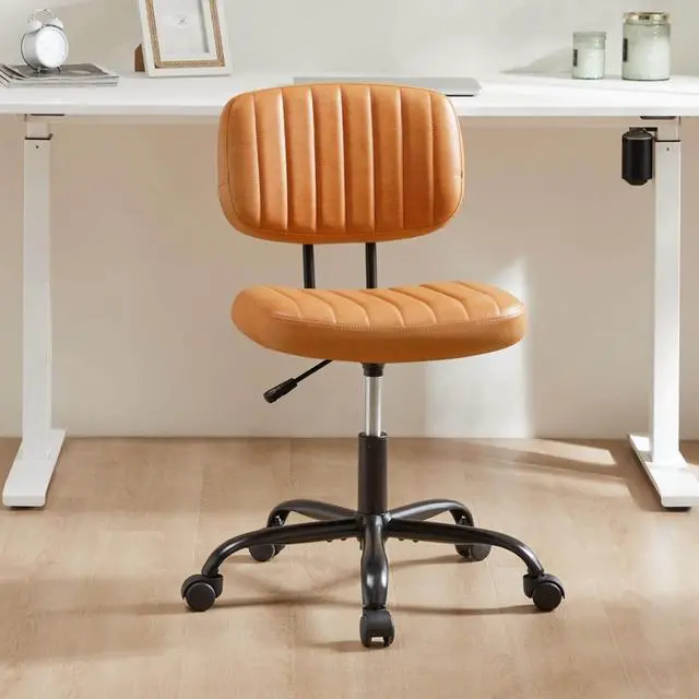 Alt view image 3 of 6 - Small Office Desk Chair with Wheels, Armless Desk Chair with Lumbar Support, PU Leather Low Back Adjustable Height 360° Rolling Swivel Task Chair Without Arm for Home, Bedroom,Office, Brown
