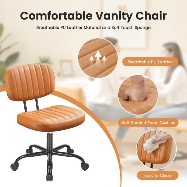 Alt view image 4 of 6 - Small Office Desk Chair with Wheels, Armless Desk Chair with Lumbar Support, PU Leather Low Back Adjustable Height 360° Rolling Swivel Task Chair Without Arm for Home, Bedroom,Office, Brown