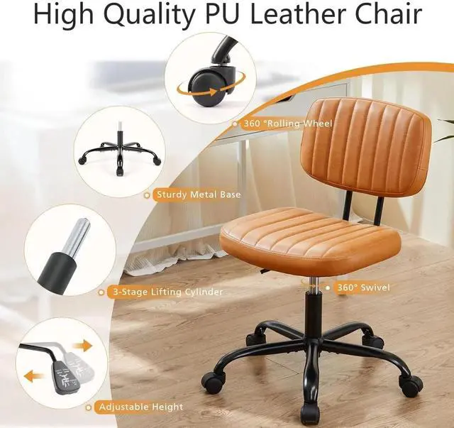 Alt view image 5 of 6 - Small Office Desk Chair with Wheels, Armless Desk Chair with Lumbar Support, PU Leather Low Back Adjustable Height 360° Rolling Swivel Task Chair Without Arm for Home, Bedroom,Office, Brown