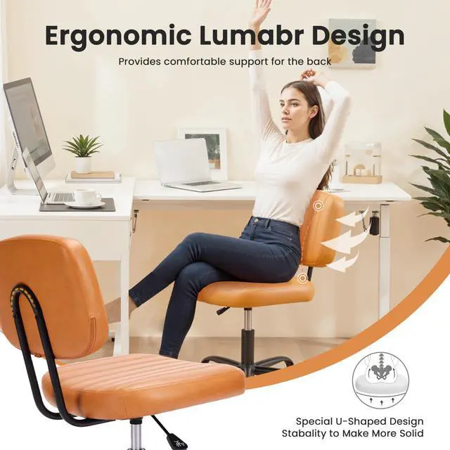 Alt view image 6 of 6 - Small Office Desk Chair with Wheels, Armless Desk Chair with Lumbar Support, PU Leather Low Back Adjustable Height 360° Rolling Swivel Task Chair Without Arm for Home, Bedroom,Office, Brown