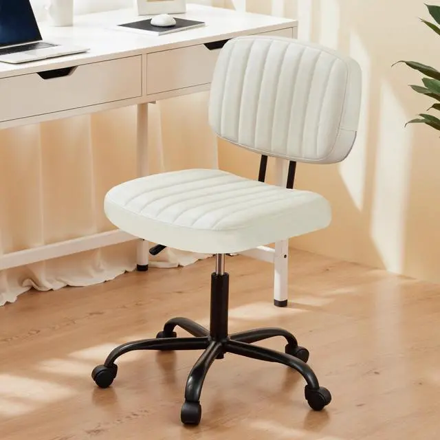 Main image of Small Office Desk Chair with Wheels, Armless Desk Chair with Lumbar Support, PU Leather Low Back Adjustable Height 360° Rolling Swivel Task Chair Without Arm for Home, Bedroom,Office, White