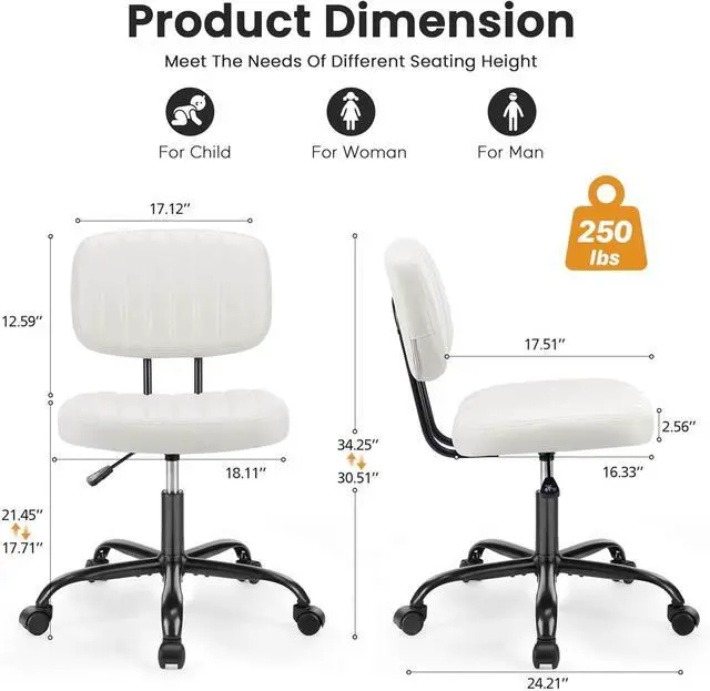 Alt view image 2 of 6 - Small Office Desk Chair with Wheels, Armless Desk Chair with Lumbar Support, PU Leather Low Back Adjustable Height 360° Rolling Swivel Task Chair Without Arm for Home, Bedroom,Office, White