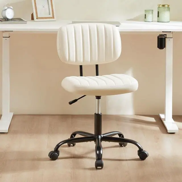 Alt view image 3 of 6 - Small Office Desk Chair with Wheels, Armless Desk Chair with Lumbar Support, PU Leather Low Back Adjustable Height 360° Rolling Swivel Task Chair Without Arm for Home, Bedroom,Office, White