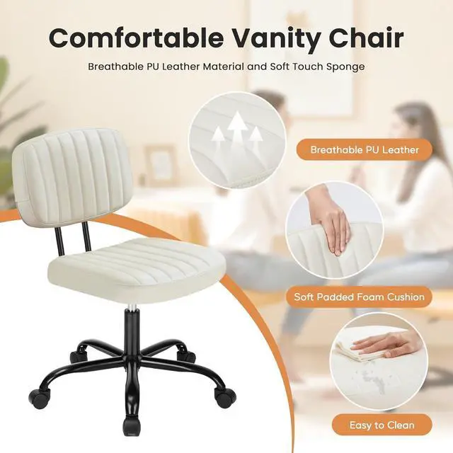Alt view image 4 of 6 - Small Office Desk Chair with Wheels, Armless Desk Chair with Lumbar Support, PU Leather Low Back Adjustable Height 360° Rolling Swivel Task Chair Without Arm for Home, Bedroom,Office, White
