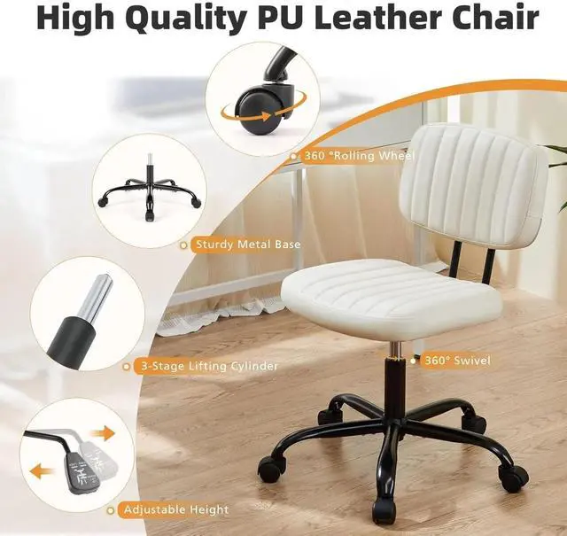 Alt view image 5 of 6 - Small Office Desk Chair with Wheels, Armless Desk Chair with Lumbar Support, PU Leather Low Back Adjustable Height 360° Rolling Swivel Task Chair Without Arm for Home, Bedroom,Office, White
