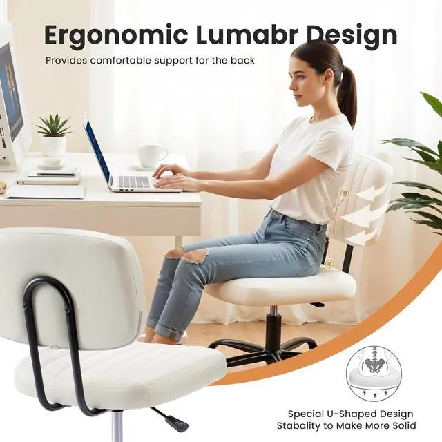 Alt view image 6 of 6 - Small Office Desk Chair with Wheels, Armless Desk Chair with Lumbar Support, PU Leather Low Back Adjustable Height 360° Rolling Swivel Task Chair Without Arm for Home, Bedroom,Office, White