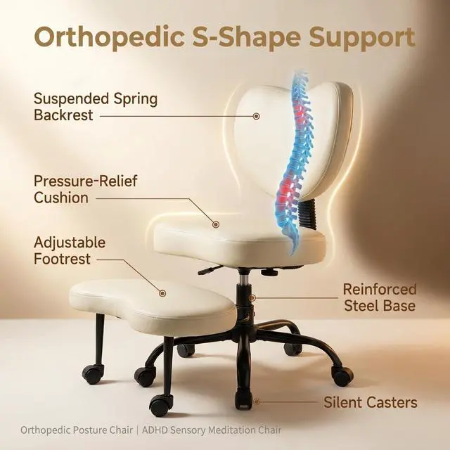 Alt view image 3 of 6 - Extra-Wide&Tall Ergonomic Criss Cross Chair, Oversized Cross-Legged Office Chair with Lumbar Support & 6.7" Retractable Footrest, ANSI/BIFMA Certified ADHD Meditation Chair for Home Office (Off White)