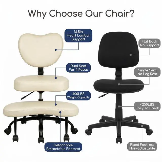 Alt view image 4 of 6 - Extra-Wide&Tall Ergonomic Criss Cross Chair, Oversized Cross-Legged Office Chair with Lumbar Support & 6.7" Retractable Footrest, ANSI/BIFMA Certified ADHD Meditation Chair for Home Office (Off White)