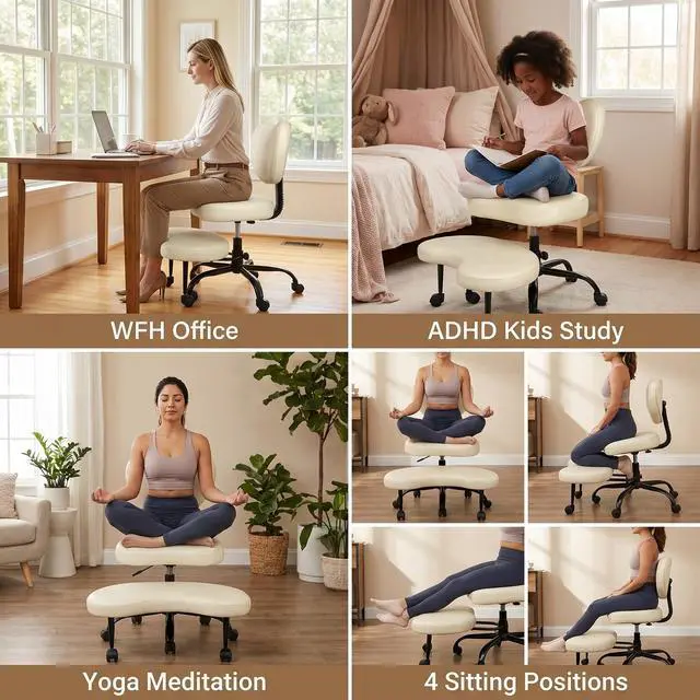 Alt view image 6 of 6 - Extra-Wide&Tall Ergonomic Criss Cross Chair, Oversized Cross-Legged Office Chair with Lumbar Support & 6.7" Retractable Footrest, ANSI/BIFMA Certified ADHD Meditation Chair for Home Office (Off White)