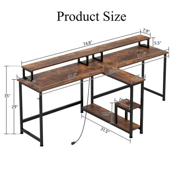Alt view image 2 of 6 - Two Person Desk with LED Lights & Power Outlet, 83.7" Extra Long Computer Desk with Monitor Stand & Storage Shelves, Double Study Work Writing Desk Workstation for Home Office, Rustic Brown