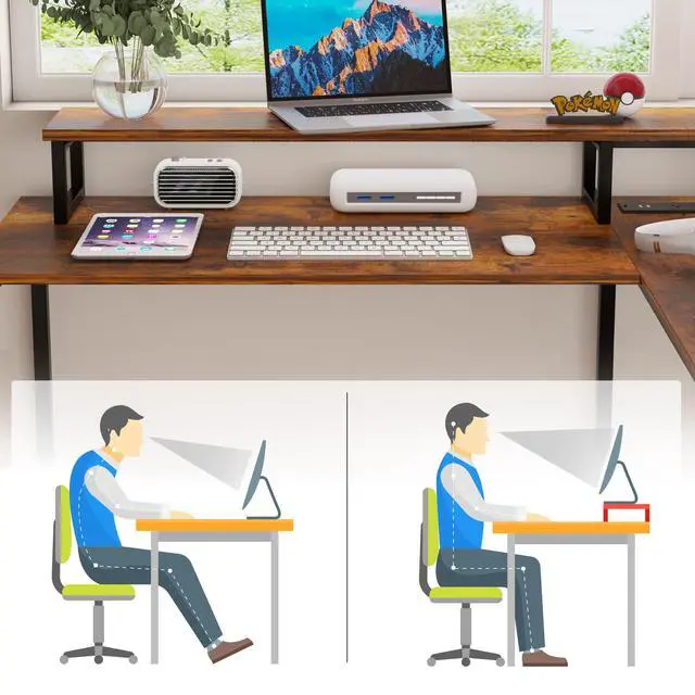 Alt view image 4 of 6 - Two Person Desk with LED Lights & Power Outlet, 83.7" Extra Long Computer Desk with Monitor Stand & Storage Shelves, Double Study Work Writing Desk Workstation for Home Office, Rustic Brown