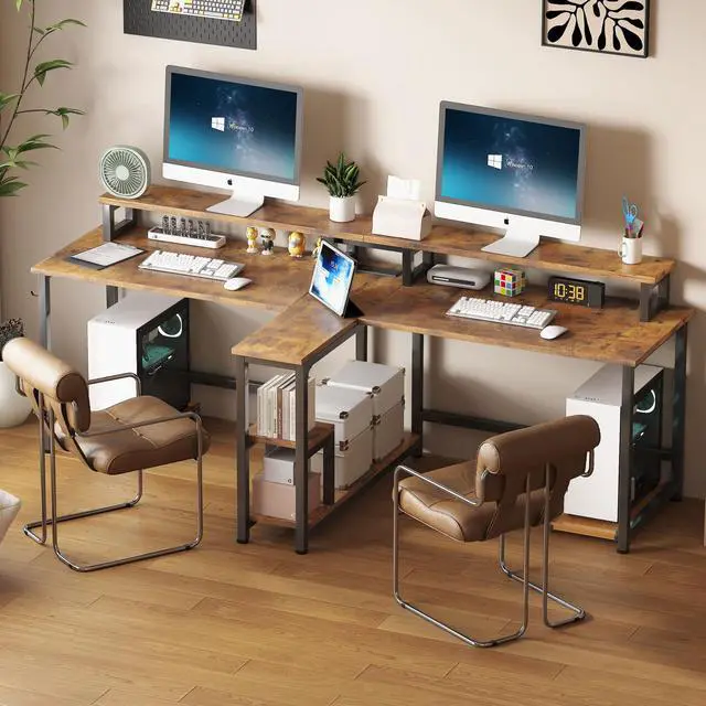 Alt view image 5 of 6 - Two Person Desk with LED Lights & Power Outlet, 83.7" Extra Long Computer Desk with Monitor Stand & Storage Shelves, Double Study Work Writing Desk Workstation for Home Office, Rustic Brown