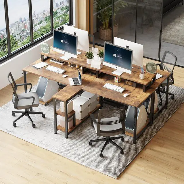 Alt view image 6 of 6 - Two Person Desk with LED Lights & Power Outlet, 83.7" Extra Long Computer Desk with Monitor Stand & Storage Shelves, Double Study Work Writing Desk Workstation for Home Office, Rustic Brown