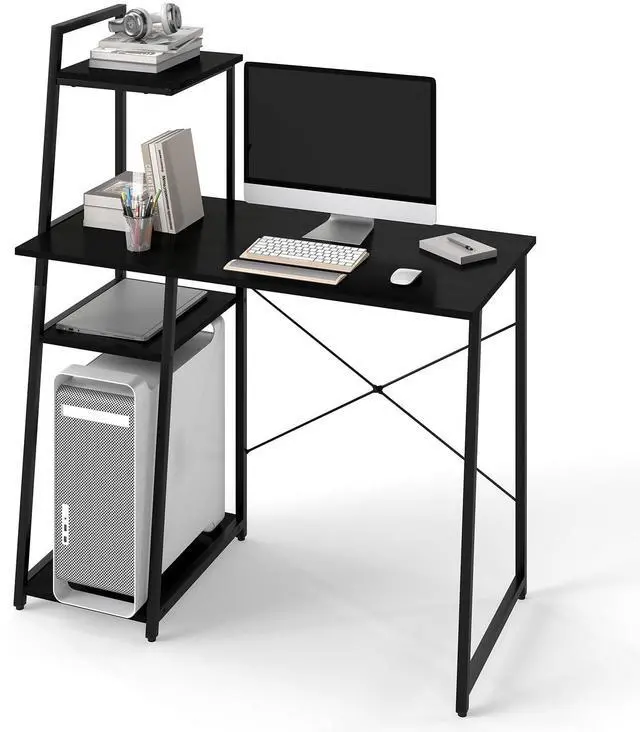 Main image of Computer Desk with Shelves, Space Saving Home Office Desk with 3-Tier Ladder Shaped Storage Bookshelf, Modern Writing Study Desk with Metal Frame, Compact Computer Workstation (Black)