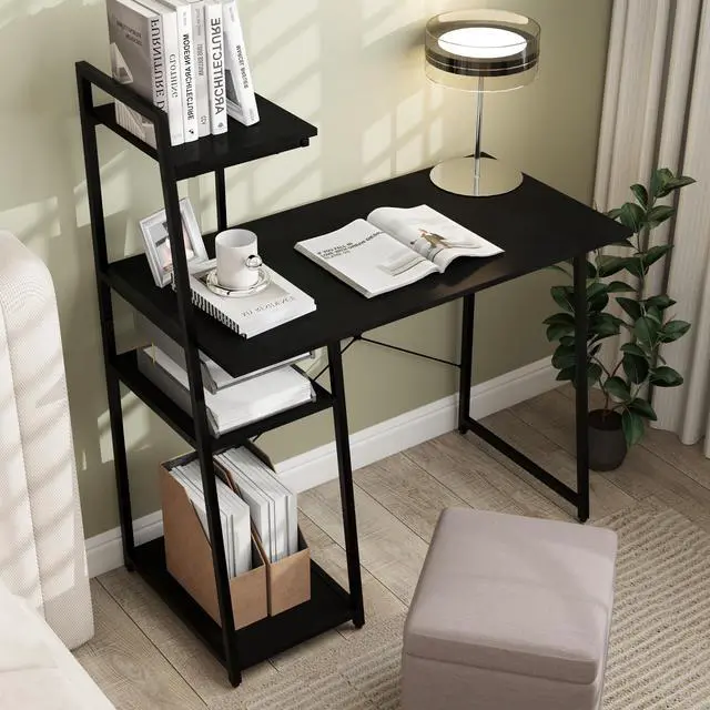 Alt view image 2 of 6 - Computer Desk with Shelves, Space Saving Home Office Desk with 3-Tier Ladder Shaped Storage Bookshelf, Modern Writing Study Desk with Metal Frame, Compact Computer Workstation (Black)