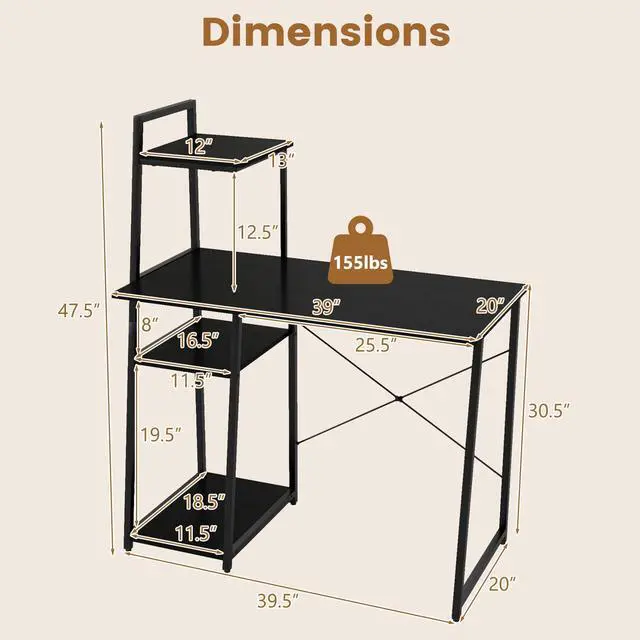 Alt view image 3 of 6 - Computer Desk with Shelves, Space Saving Home Office Desk with 3-Tier Ladder Shaped Storage Bookshelf, Modern Writing Study Desk with Metal Frame, Compact Computer Workstation (Black)