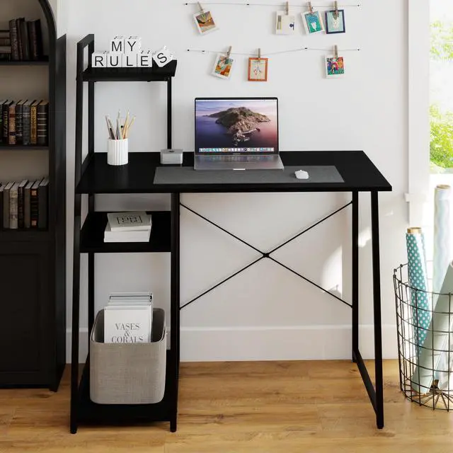 Alt view image 4 of 6 - Computer Desk with Shelves, Space Saving Home Office Desk with 3-Tier Ladder Shaped Storage Bookshelf, Modern Writing Study Desk with Metal Frame, Compact Computer Workstation (Black)