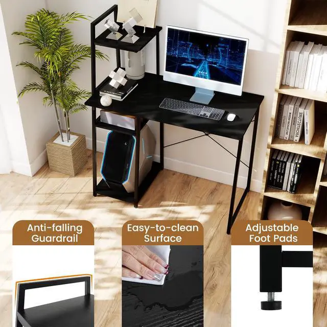 Alt view image 5 of 6 - Computer Desk with Shelves, Space Saving Home Office Desk with 3-Tier Ladder Shaped Storage Bookshelf, Modern Writing Study Desk with Metal Frame, Compact Computer Workstation (Black)