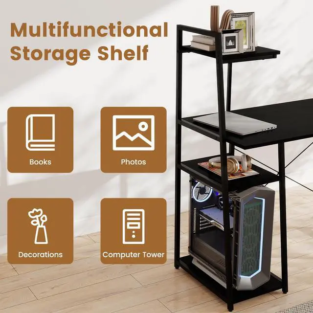 Alt view image 6 of 6 - Computer Desk with Shelves, Space Saving Home Office Desk with 3-Tier Ladder Shaped Storage Bookshelf, Modern Writing Study Desk with Metal Frame, Compact Computer Workstation (Black)