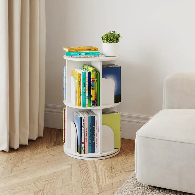 Main image of Rotating Bookshelf, 360 Display Spinning Bookcase, Corner Bookshelf, Floor Standing Revolving Bookcase Storage Rack, Narrow Book Shelf Organizer for Small Space, Bedroom, Office (2 Tier, 25.6" H)
