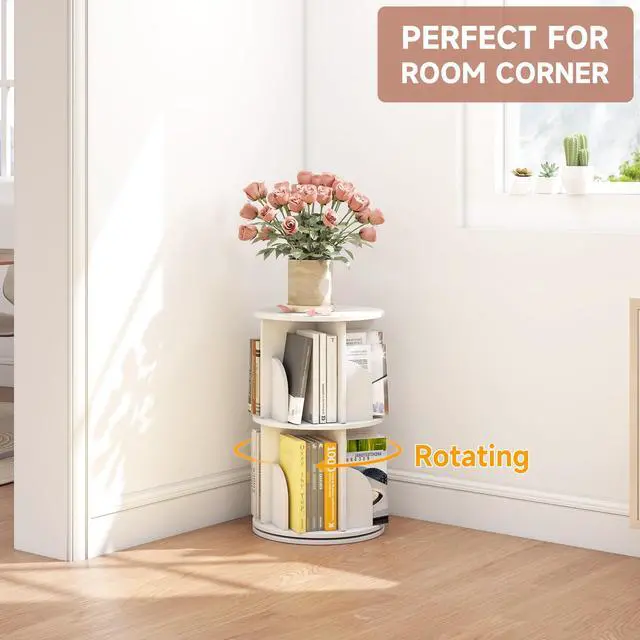 Alt view image 3 of 6 - Rotating Bookshelf, 360 Display Spinning Bookcase, Corner Bookshelf, Floor Standing Revolving Bookcase Storage Rack, Narrow Book Shelf Organizer for Small Space, Bedroom, Office (2 Tier, 25.6" H)