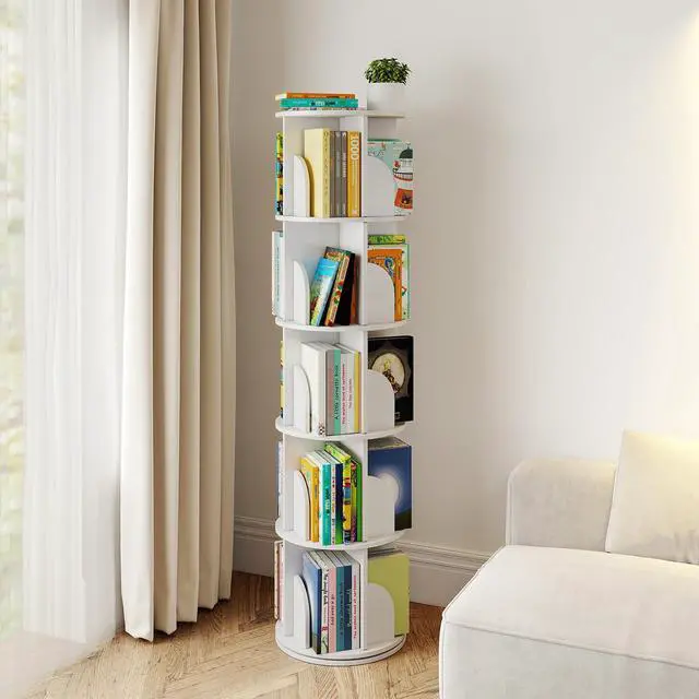 Main image of Rotating Bookshelf, 360 Display Spinning Bookcase, Corner Bookshelf, Floor Standing Revolving Bookcase Storage Rack, Narrow Book Shelf Organizer for Small Space, Bedroom, Office (5 Tier, 62.2" H)