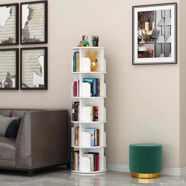 Alt view image 3 of 6 - Rotating Bookshelf, 360 Display Spinning Bookcase, Corner Bookshelf, Floor Standing Revolving Bookcase Storage Rack, Narrow Book Shelf Organizer for Small Space, Bedroom, Office (5 Tier, 62.2" H)