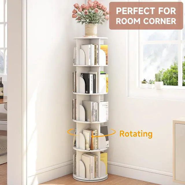 Alt view image 4 of 6 - Rotating Bookshelf, 360 Display Spinning Bookcase, Corner Bookshelf, Floor Standing Revolving Bookcase Storage Rack, Narrow Book Shelf Organizer for Small Space, Bedroom, Office (5 Tier, 62.2" H)