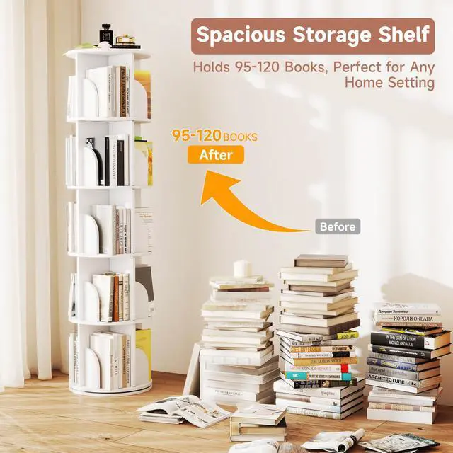 Alt view image 6 of 6 - Rotating Bookshelf, 360 Display Spinning Bookcase, Corner Bookshelf, Floor Standing Revolving Bookcase Storage Rack, Narrow Book Shelf Organizer for Small Space, Bedroom, Office (5 Tier, 62.2" H)