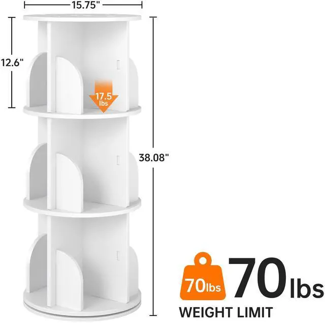Alt view image 2 of 6 - Rotating Bookshelf, 360 Display Spinning Bookcase, Corner Bookshelf, Floor Standing Revolving Bookcase Storage Rack, Narrow Book Shelf Organizer for Small Space, Bedroom, Office (3 Tier, 37.8" H)