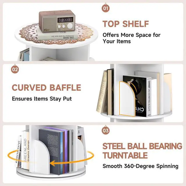 Alt view image 6 of 6 - Rotating Bookshelf, 360 Display Spinning Bookcase, Corner Bookshelf, Floor Standing Revolving Bookcase Storage Rack, Narrow Book Shelf Organizer for Small Space, Bedroom, Office (3 Tier, 37.8" H)