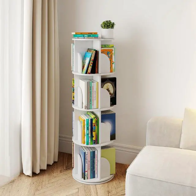 Main image of Rotating Bookshelf, 360 Display Spinning Bookcase, Corner Bookshelf, Floor Standing Revolving Bookcase Storage Rack, Narrow Book Shelf Organizer for Small Space, Bedroom, Office (4 Tier, 50" H)