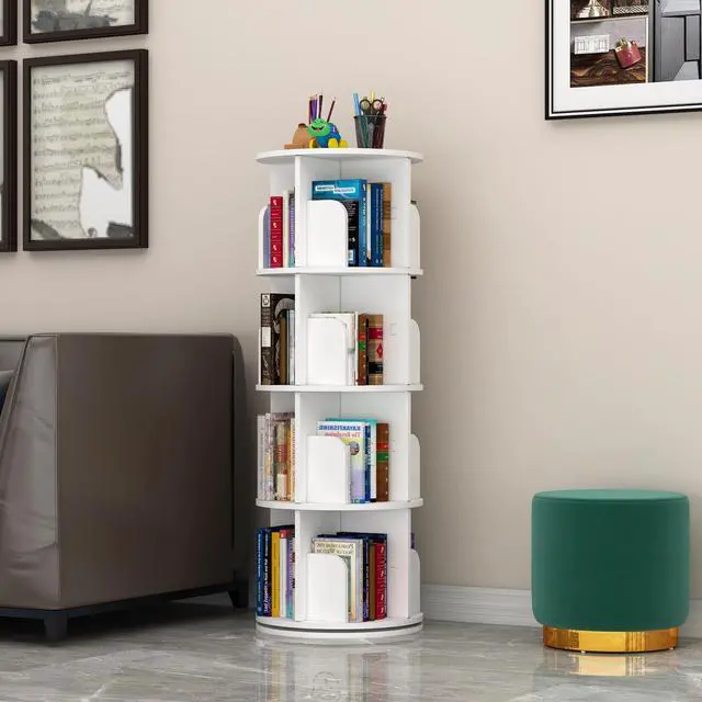 Alt view image 3 of 6 - Rotating Bookshelf, 360 Display Spinning Bookcase, Corner Bookshelf, Floor Standing Revolving Bookcase Storage Rack, Narrow Book Shelf Organizer for Small Space, Bedroom, Office (4 Tier, 50" H)