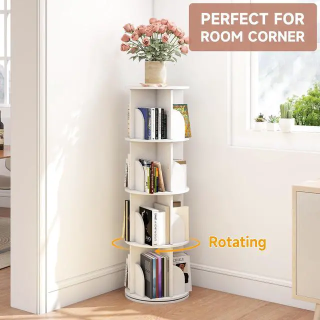 Alt view image 4 of 6 - Rotating Bookshelf, 360 Display Spinning Bookcase, Corner Bookshelf, Floor Standing Revolving Bookcase Storage Rack, Narrow Book Shelf Organizer for Small Space, Bedroom, Office (4 Tier, 50" H)