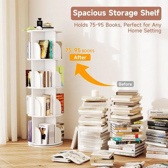 Alt view image 6 of 6 - Rotating Bookshelf, 360 Display Spinning Bookcase, Corner Bookshelf, Floor Standing Revolving Bookcase Storage Rack, Narrow Book Shelf Organizer for Small Space, Bedroom, Office (4 Tier, 50" H)