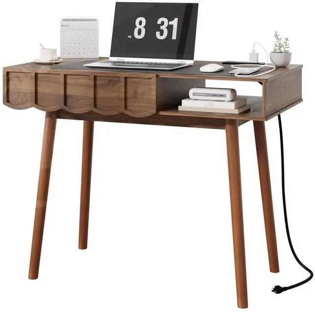 Main image of Mid Century Modern Desk, Modern Home Office Writing Desk with Open Storage Cubby and Small Drawer for Bedroom, Small Space, Walnut