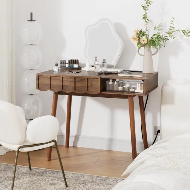 Alt view image 2 of 6 - Mid Century Modern Desk, Modern Home Office Writing Desk with Open Storage Cubby and Small Drawer for Bedroom, Small Space, Walnut