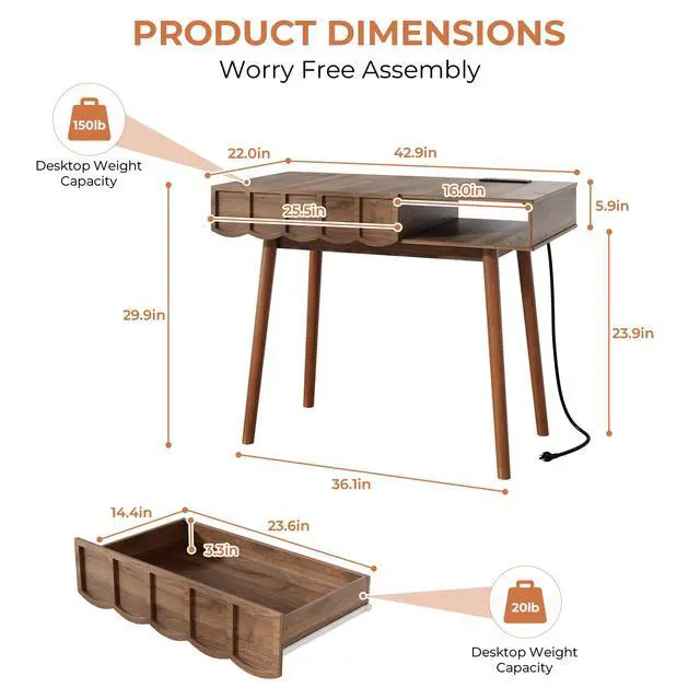 Alt view image 3 of 6 - Mid Century Modern Desk, Modern Home Office Writing Desk with Open Storage Cubby and Small Drawer for Bedroom, Small Space, Walnut