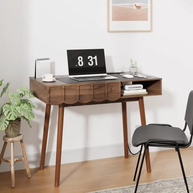 Alt view image 4 of 6 - Mid Century Modern Desk, Modern Home Office Writing Desk with Open Storage Cubby and Small Drawer for Bedroom, Small Space, Walnut