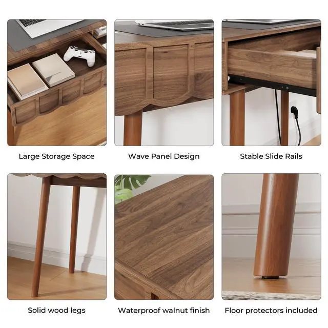 Alt view image 5 of 6 - Mid Century Modern Desk, Modern Home Office Writing Desk with Open Storage Cubby and Small Drawer for Bedroom, Small Space, Walnut