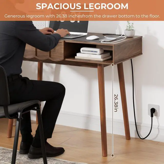 Alt view image 6 of 6 - Mid Century Modern Desk, Modern Home Office Writing Desk with Open Storage Cubby and Small Drawer for Bedroom, Small Space, Walnut