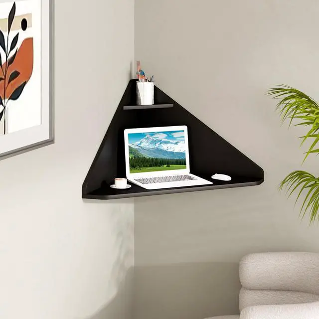 Alt view image 2 of 6 - Corner Floating Desk, Wall Mounted Computer Desk with Storage Shelf, Space-Saving Writing Desk, Triangle Laptop Desk for Living Room, Study, Bedroom, Home Office & Small Spaces (Black)