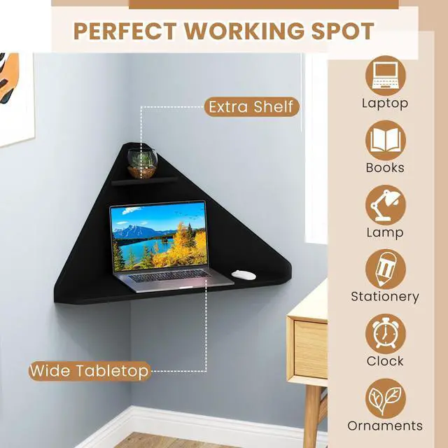 Alt view image 4 of 6 - Corner Floating Desk, Wall Mounted Computer Desk with Storage Shelf, Space-Saving Writing Desk, Triangle Laptop Desk for Living Room, Study, Bedroom, Home Office & Small Spaces (Black)