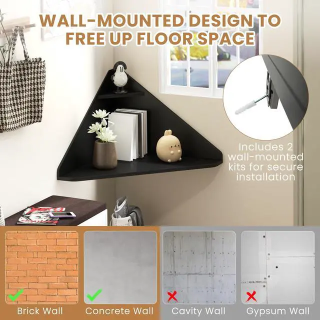 Alt view image 5 of 6 - Corner Floating Desk, Wall Mounted Computer Desk with Storage Shelf, Space-Saving Writing Desk, Triangle Laptop Desk for Living Room, Study, Bedroom, Home Office & Small Spaces (Black)