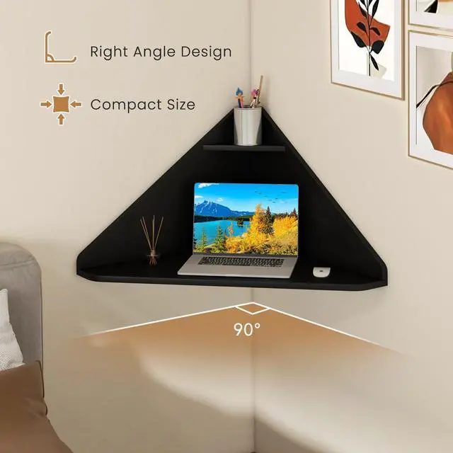 Alt view image 6 of 6 - Corner Floating Desk, Wall Mounted Computer Desk with Storage Shelf, Space-Saving Writing Desk, Triangle Laptop Desk for Living Room, Study, Bedroom, Home Office & Small Spaces (Black)