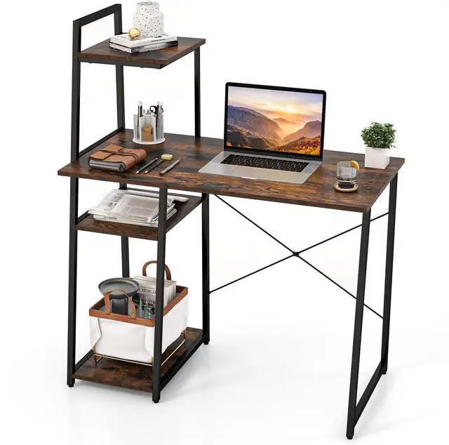 Main image of Computer Desk with Shelves, Space Saving Home Office Desk with 3-Tier Ladder Shaped Storage Bookshelf, Modern Writing Study Desk with Metal Frame, Compact Computer Workstation (Rustic Brown)