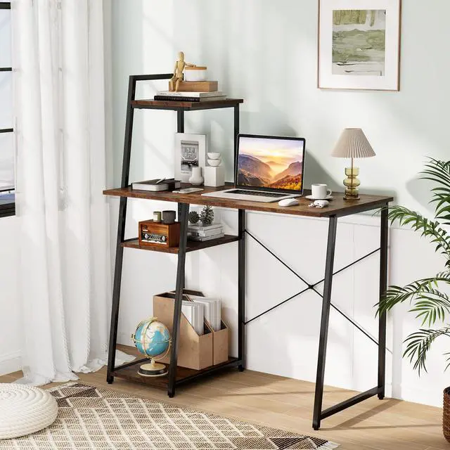 Alt view image 2 of 6 - Computer Desk with Shelves, Space Saving Home Office Desk with 3-Tier Ladder Shaped Storage Bookshelf, Modern Writing Study Desk with Metal Frame, Compact Computer Workstation (Rustic Brown)