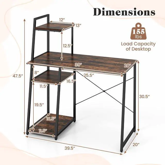 Alt view image 3 of 6 - Computer Desk with Shelves, Space Saving Home Office Desk with 3-Tier Ladder Shaped Storage Bookshelf, Modern Writing Study Desk with Metal Frame, Compact Computer Workstation (Rustic Brown)